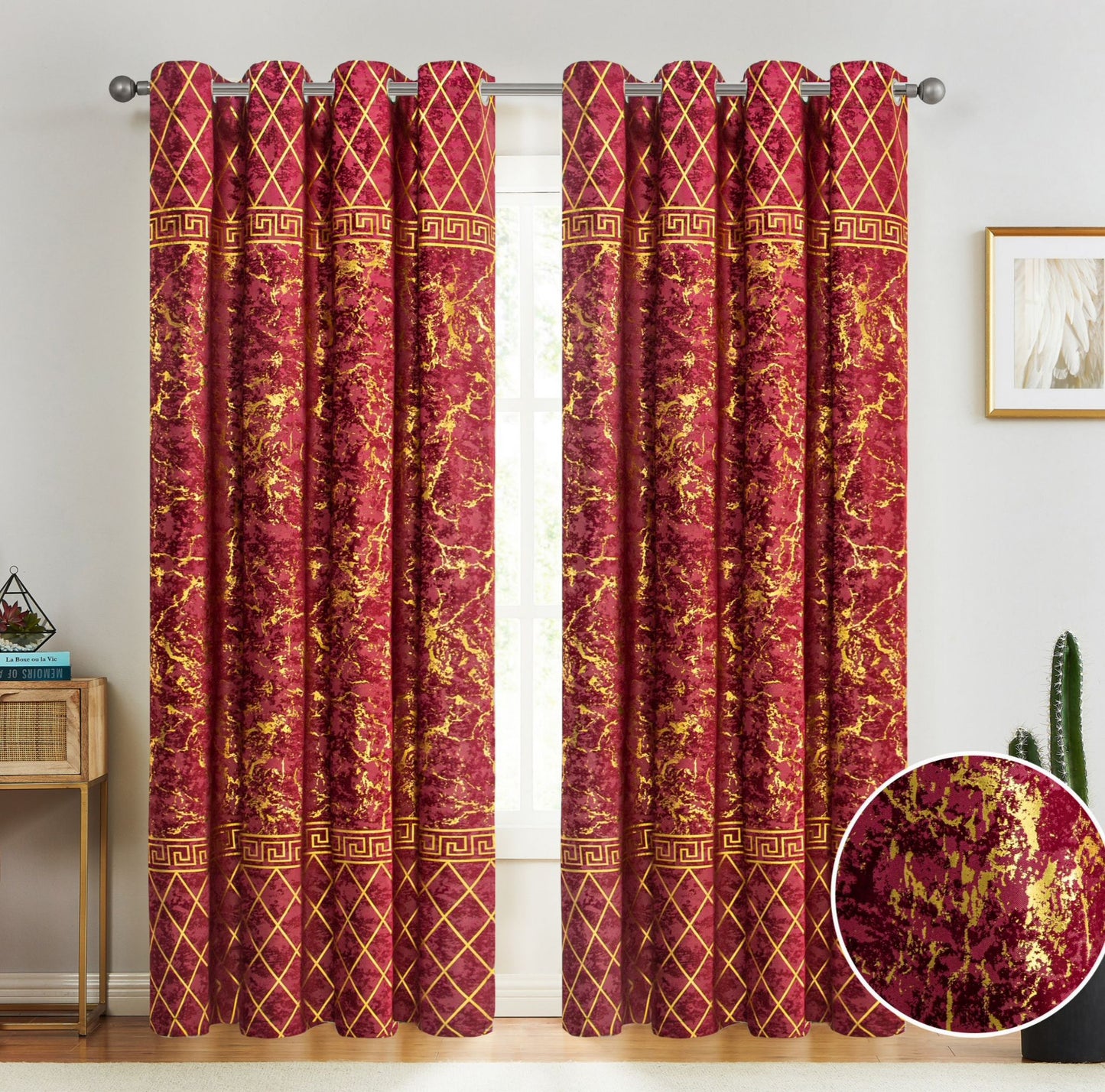 Paradise Velvet Foil Printed Curtain Burgundy