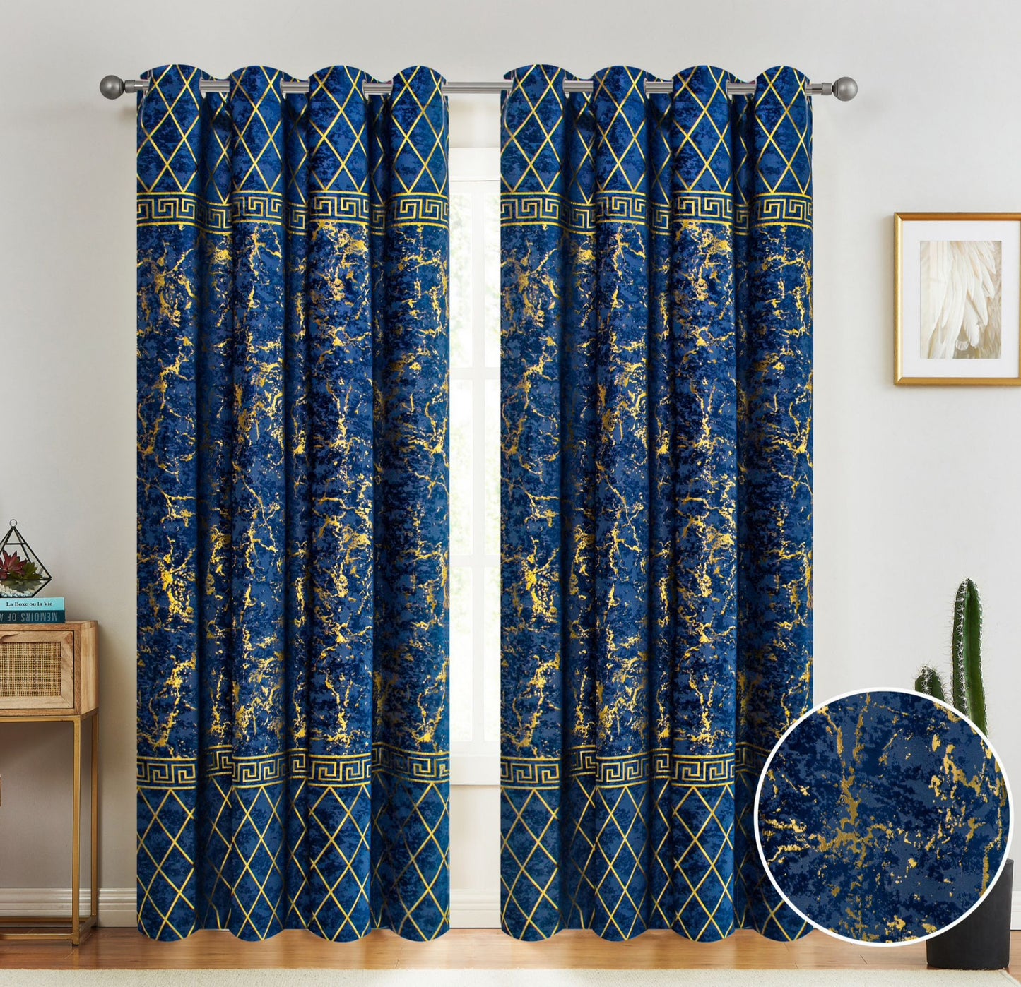 Paradise Velvet Foil Printed Curtain Navy