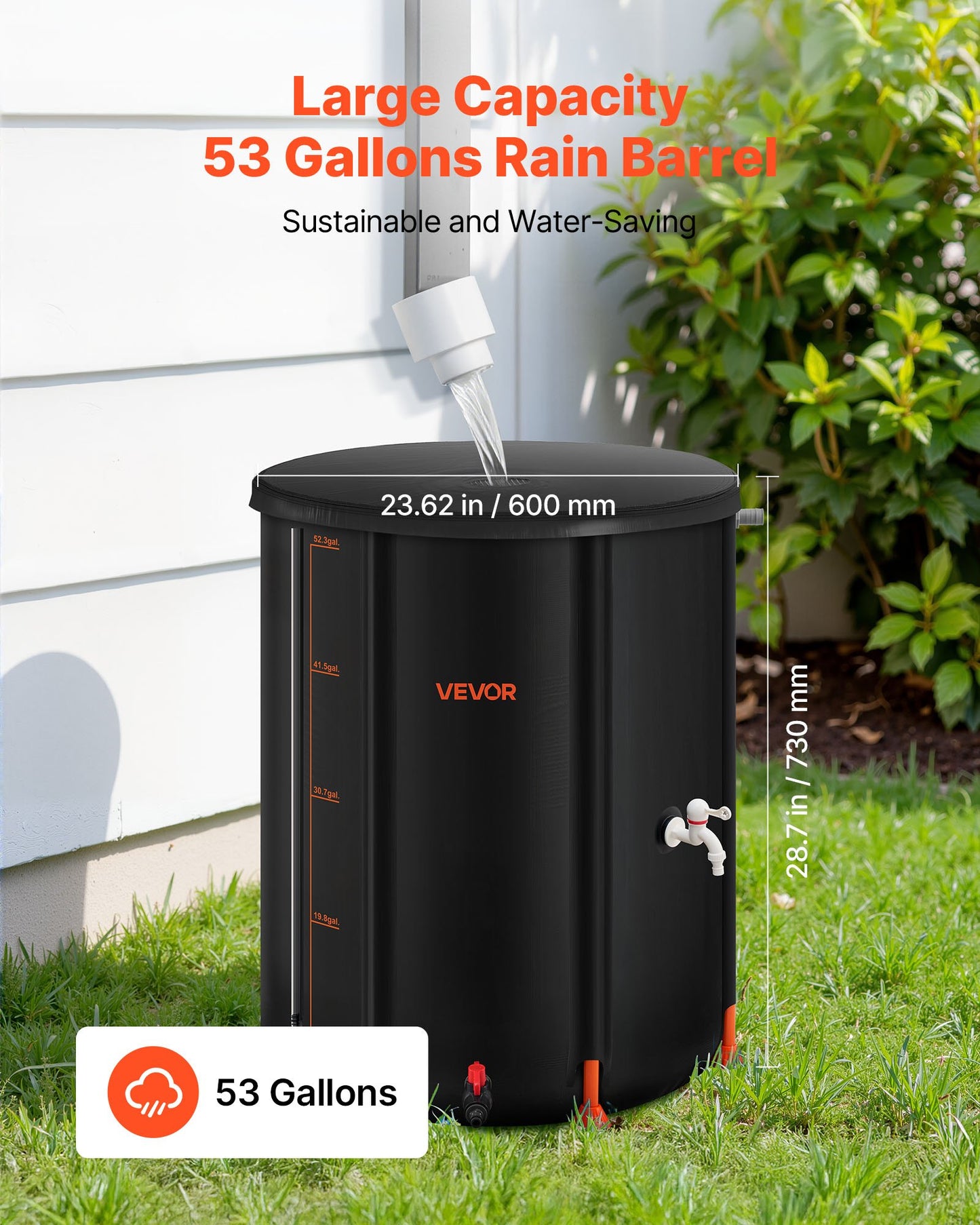 Collapsible Rain Barrel, Garden Water Catcher Tank Storage Container With Spigot & Overflow Kit, Black