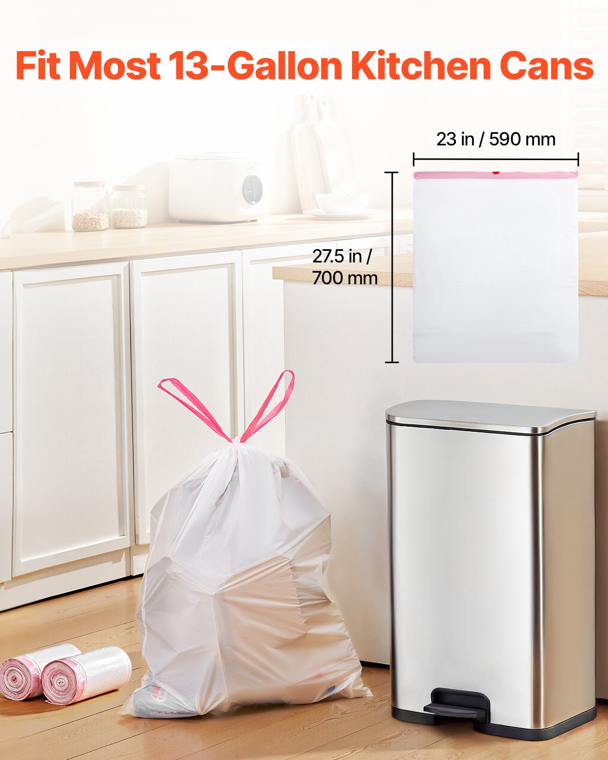 Drawstring Trash Bags, 13 Gallon 110 Pieces (White)