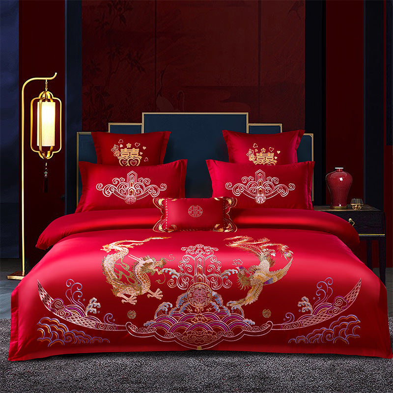 Red Wedding Four-piece Set Wholesale Cotton Wedding Embroidery Bedding Pure Cotton Marriage Bed Xi Quilt Cover Dragon And Phoenix