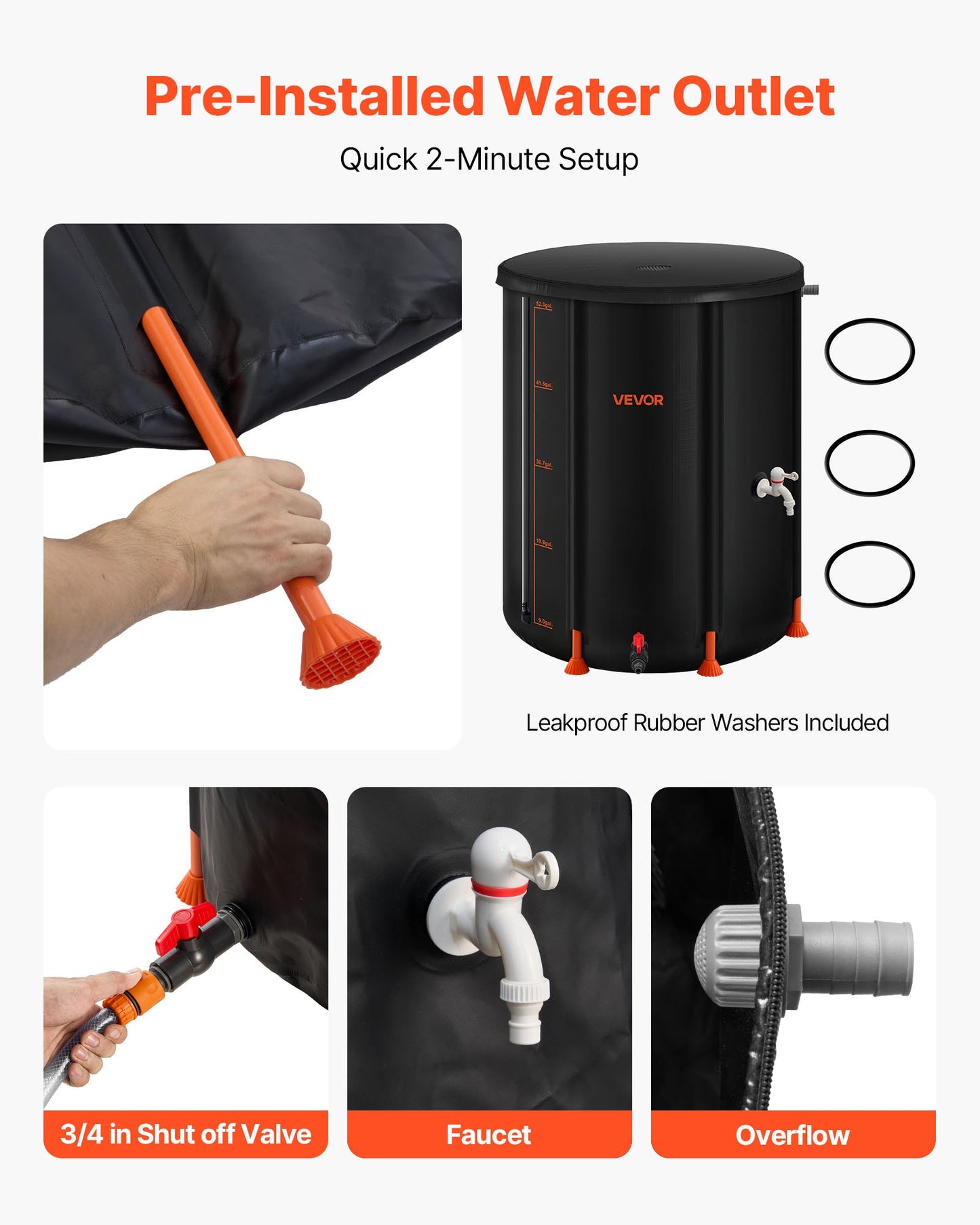 Collapsible Rain Barrel, Garden Water Catcher Tank Storage Container With Spigot & Overflow Kit, Black