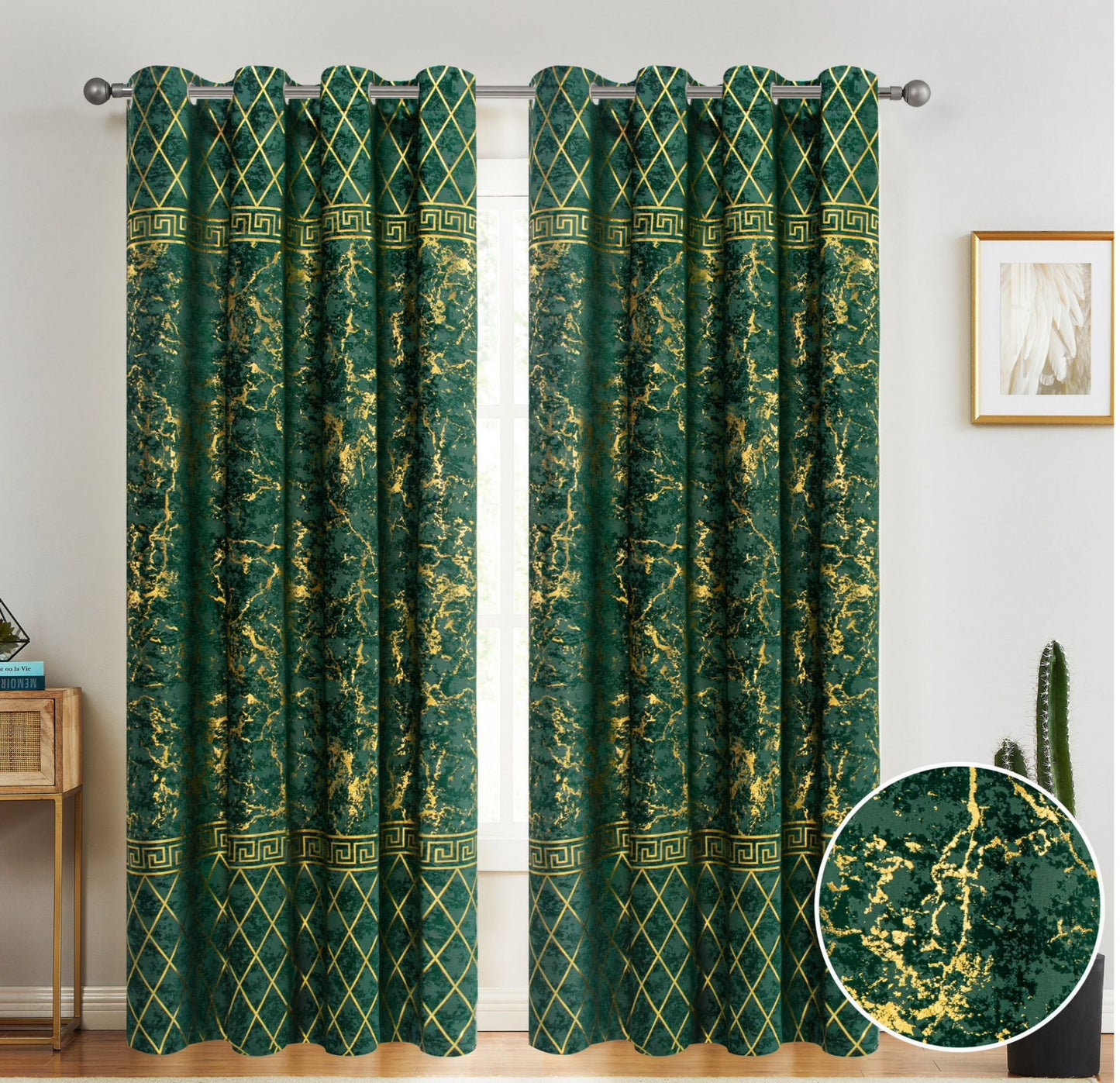 Paradise Velvet Foil Printed Curtain Hunter Green