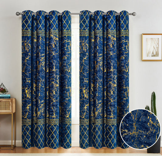 Paradise Velvet Foil Printed Curtain Navy