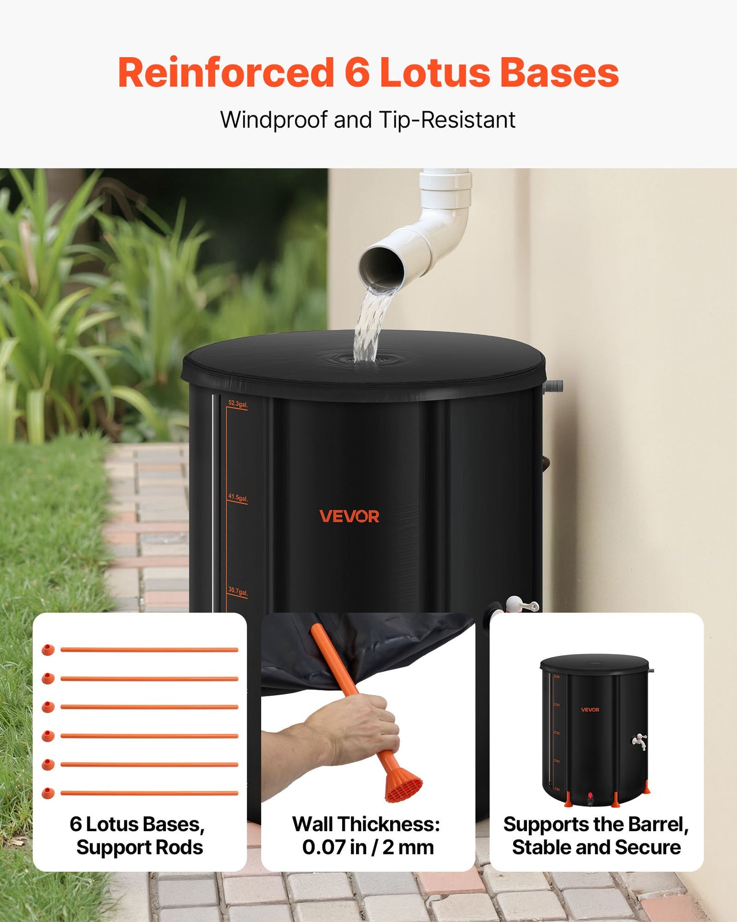 Collapsible Rain Barrel, Garden Water Catcher Tank Storage Container With Spigot & Overflow Kit, Black